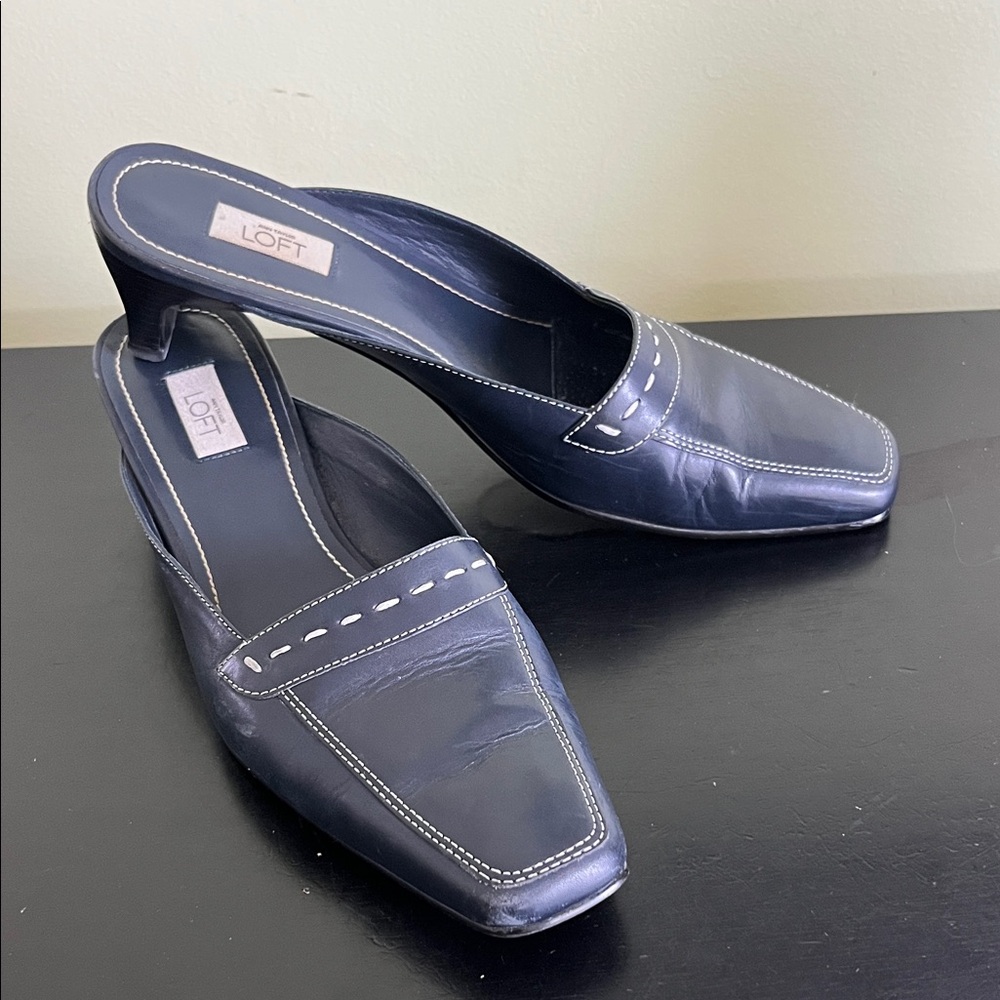 Loft Leather Blue Kitten Heel Slip on Mule Square Toe Shoe